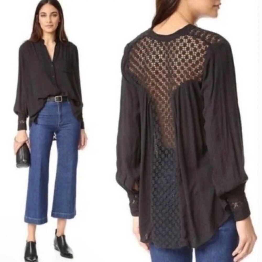 Free People Black Crochet Lace Back Oversized Button Down Blouse L